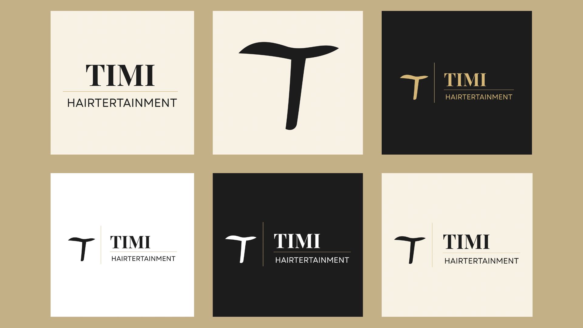 TIMI Hairtertainment logo and T monogram in black, white and gold brand identity variations